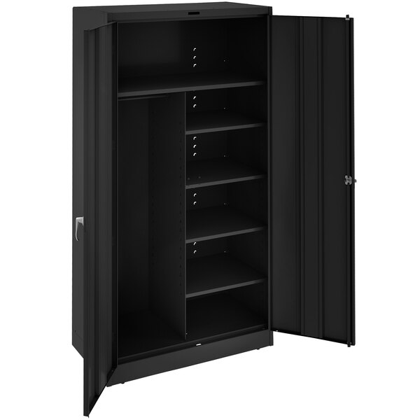 A black metal Tennsco storage cabinet with solid doors open.