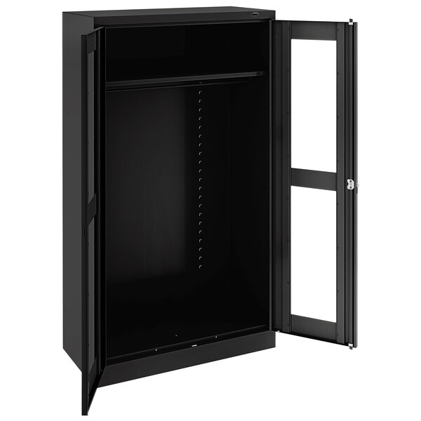 A black metal Tennsco wardrobe cabinet with open C-Thru doors.
