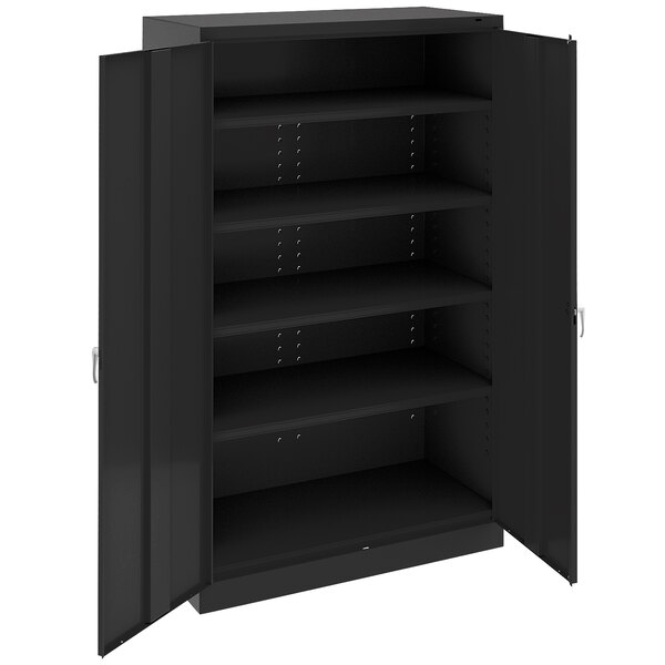 A black metal Tennsco jumbo storage cabinet with solid doors.