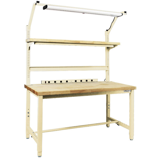 A BenchPro Kennedy Series wood workbench with shelves.