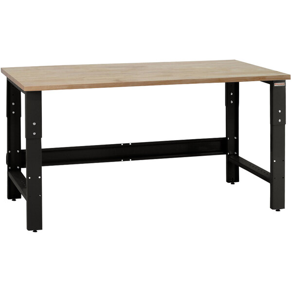 A BenchPro Roosevelt workbench with a maple butcher block top and black legs.