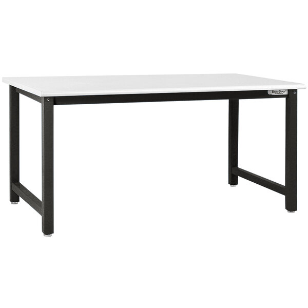 A white BenchPro Kennedy Series workbench with a white LisStat laminate top and black legs.