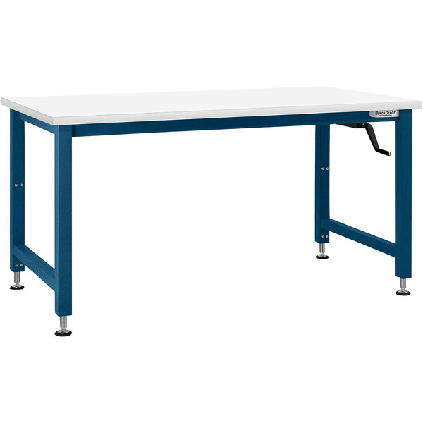A white workbench with blue legs.