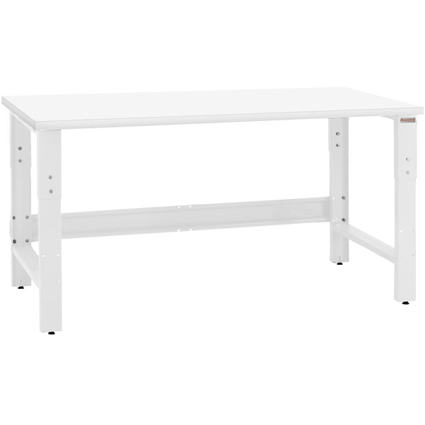 A white BenchPro workbench with a rectangular Formica laminate top and white legs.