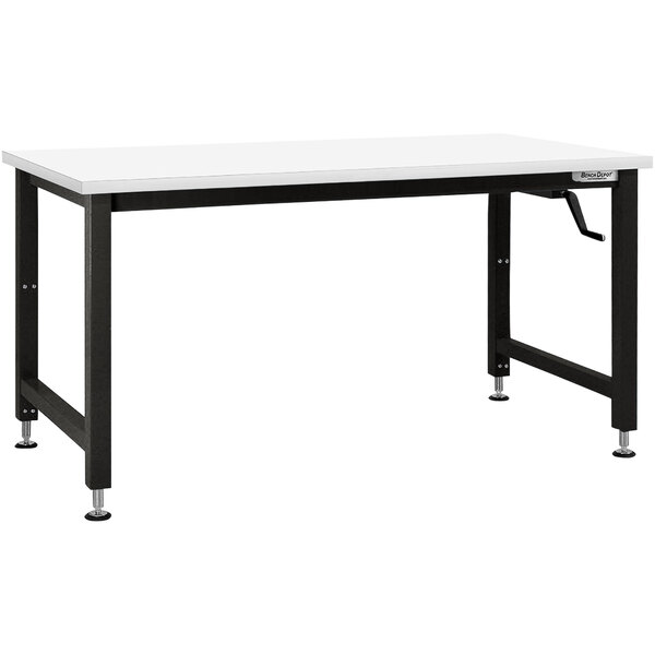 A BenchPro Adams series workbench with a white Formica top and black legs.