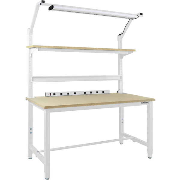 A white work bench with a metal frame and two shelves.