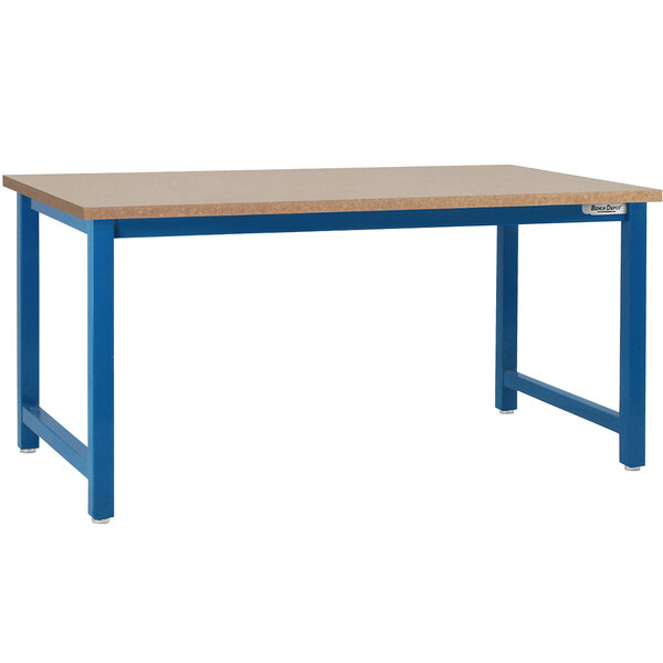 A BenchPro Kennedy workbench with a dark blue frame and a wooden top.