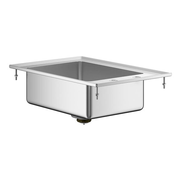 A rectangular stainless steel sink with a deep basin and mounting hardware visible on the corners.