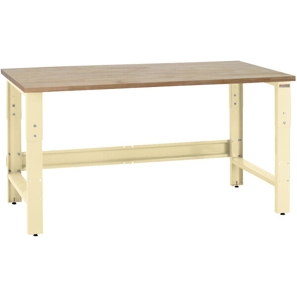 A BenchPro Roosevelt workbench with a maple butcher block top and beige metal base.