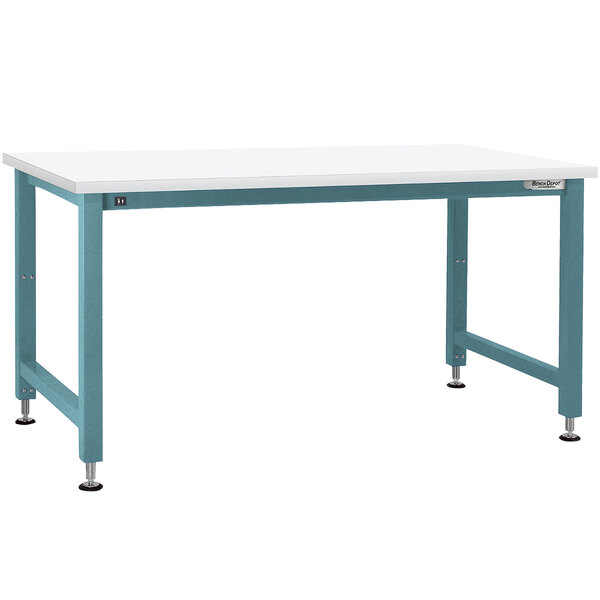 A white workbench with blue metal legs.