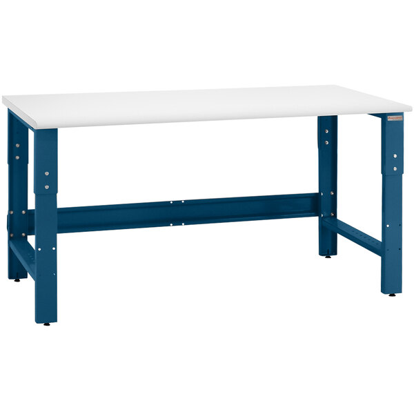 A white and blue BenchPro workbench with a white top.
