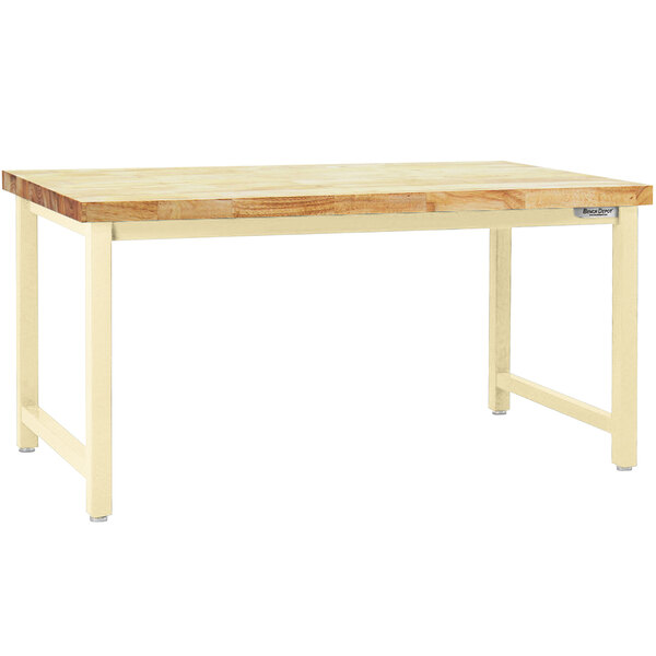 A BenchPro Kennedy workbench with a wooden top and beige frame on a table with legs.
