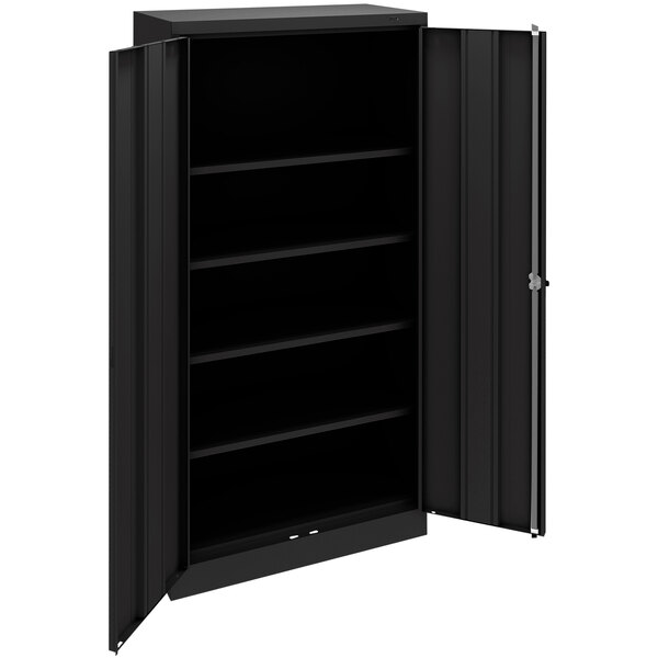 A black metal Tennsco storage cabinet with open doors.