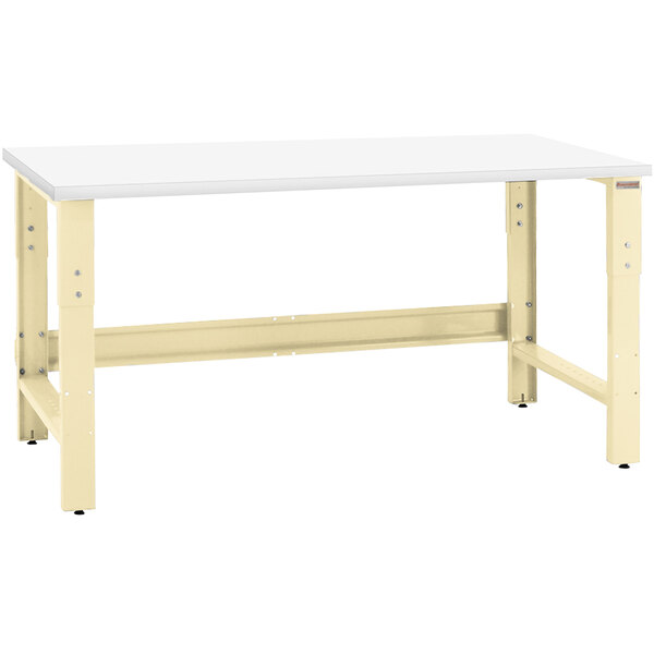 A white workbench with metal legs.