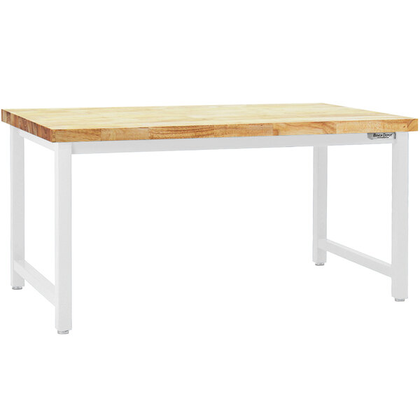 A BenchPro Kennedy workbench with a wooden top and white legs.