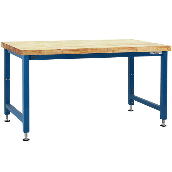 A BenchPro Adams workbench with a wooden top and blue legs.