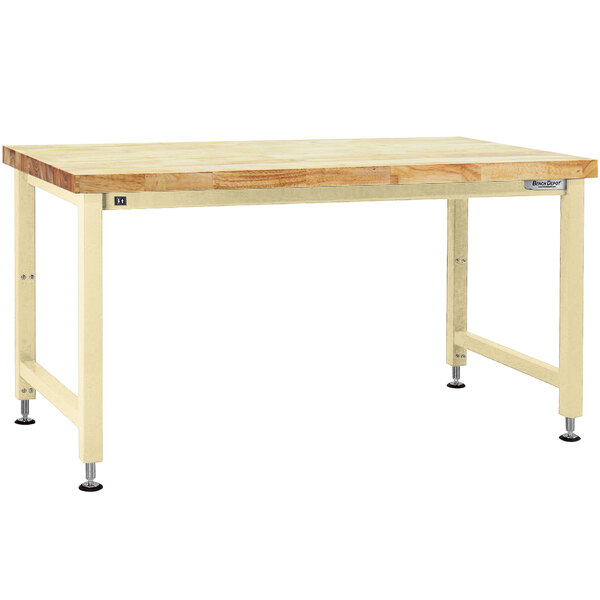 A BenchPro Adams series workbench with a wooden top and beige metal legs.