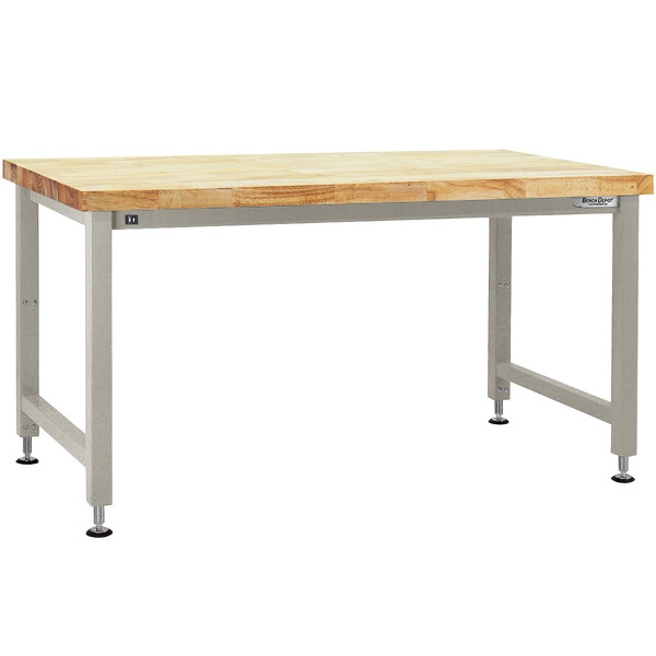 A BenchPro Adams workbench with a wooden top and steel legs.