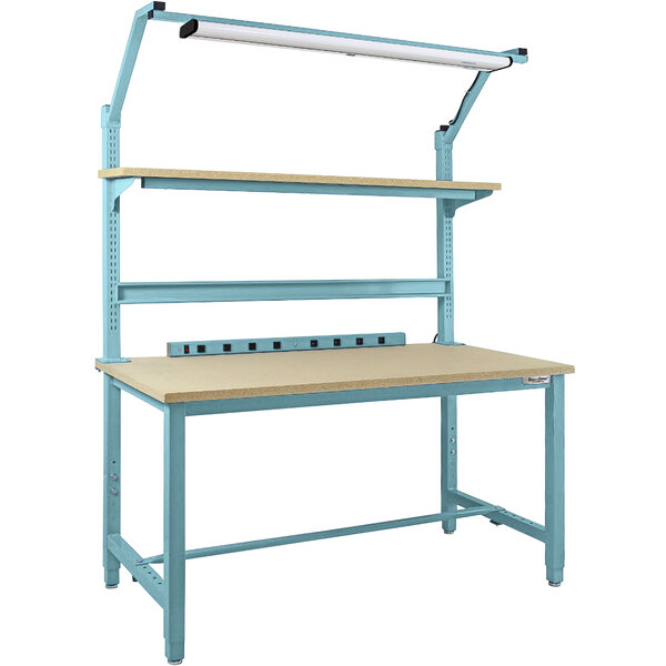A blue BenchPro Kennedy workbench with two shelves.