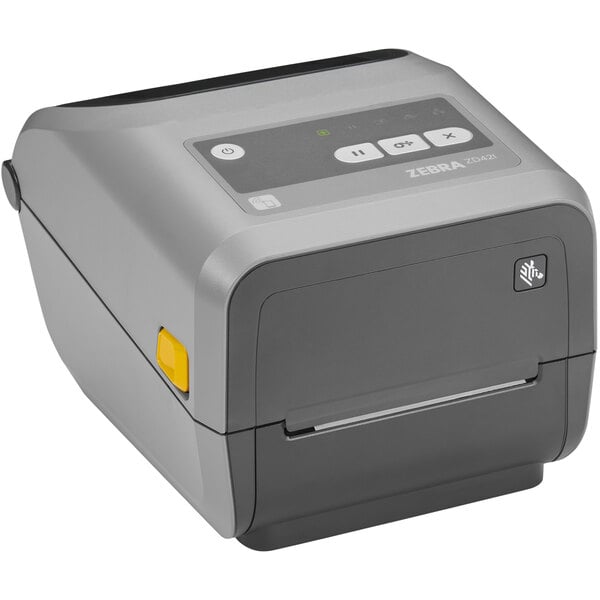 A Zebra ZD420 direct thermal desktop barcode printer with buttons and a yellow button.