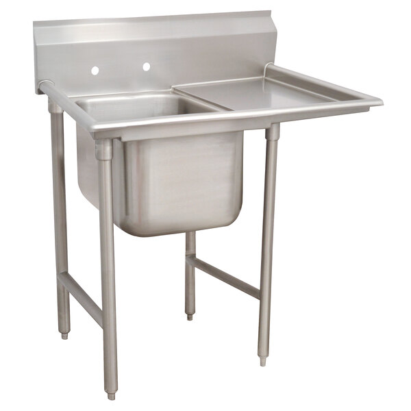 A stainless steel Advance Tabco one compartment sink with a right drainboard.