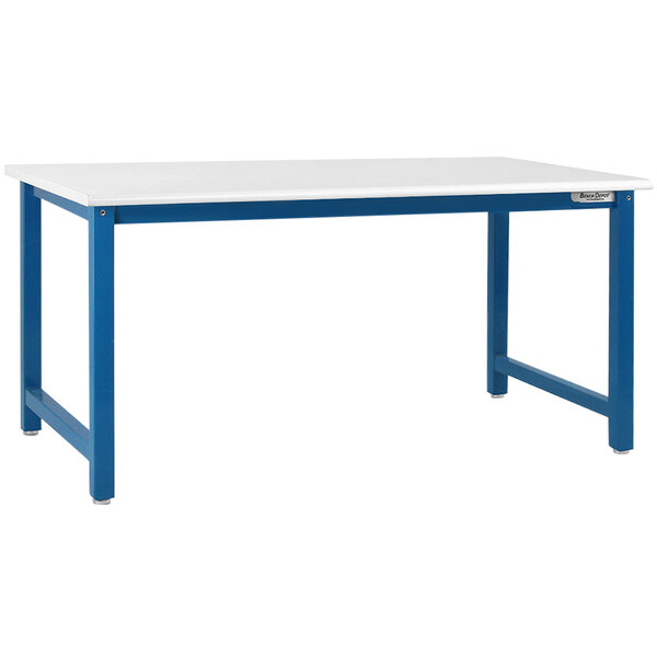 A blue and white BenchPro workbench with a white top.