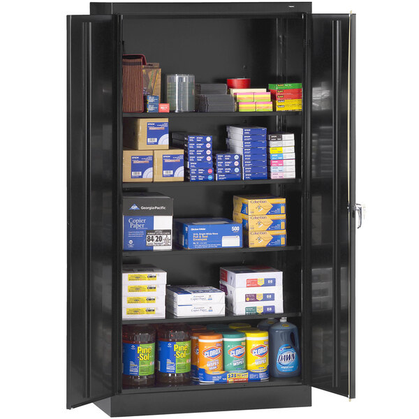A black metal cabinet with shelves full of products.