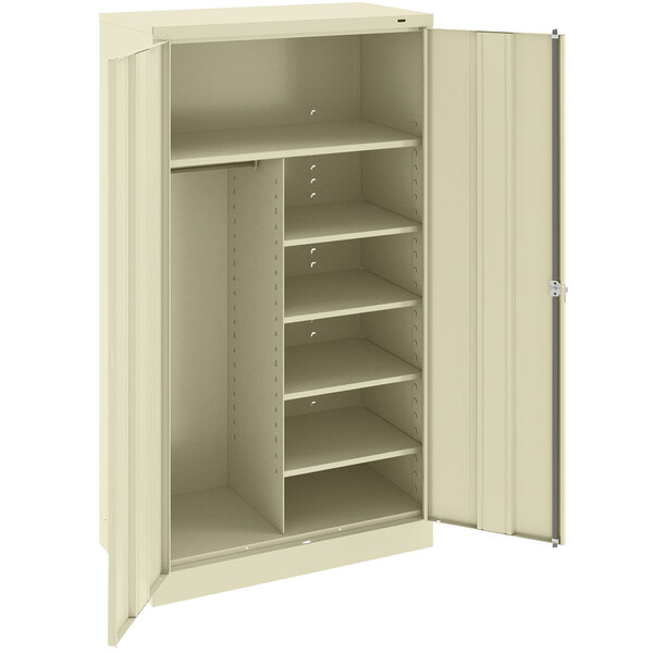 A beige Tennsco standard combination cabinet with solid doors and shelves.