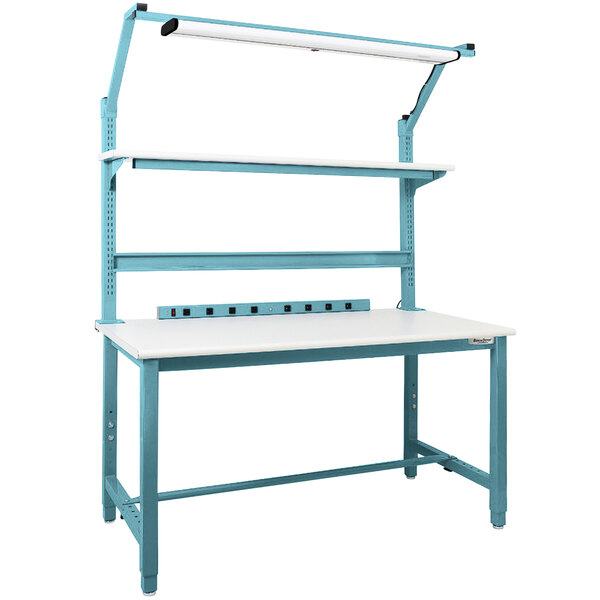 A white and blue BenchPro Kennedy workbench with a light on top.