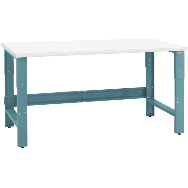 A white rectangular workbench top on a blue table with blue legs.