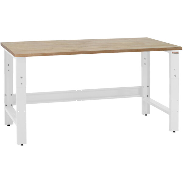 A BenchPro Roosevelt workbench with a maple butcher block top and white legs.