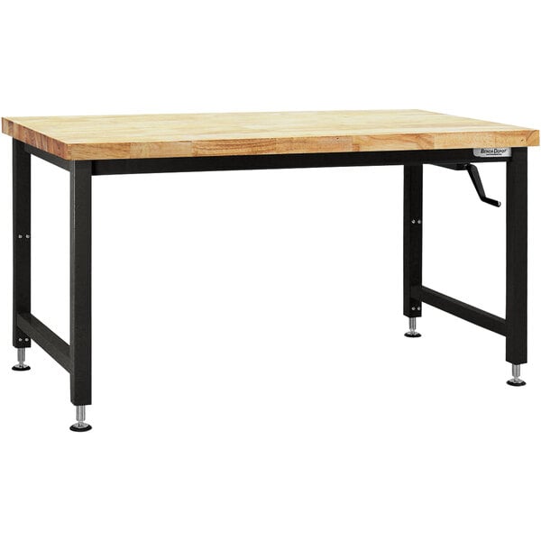 A BenchPro Adams workbench with a butcherblock wood top and black legs.
