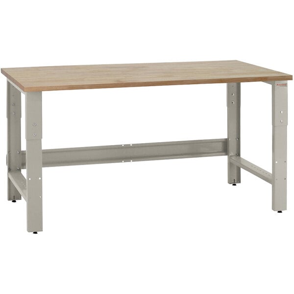 A BenchPro Roosevelt workbench with a maple butcher block top and gray metal legs.