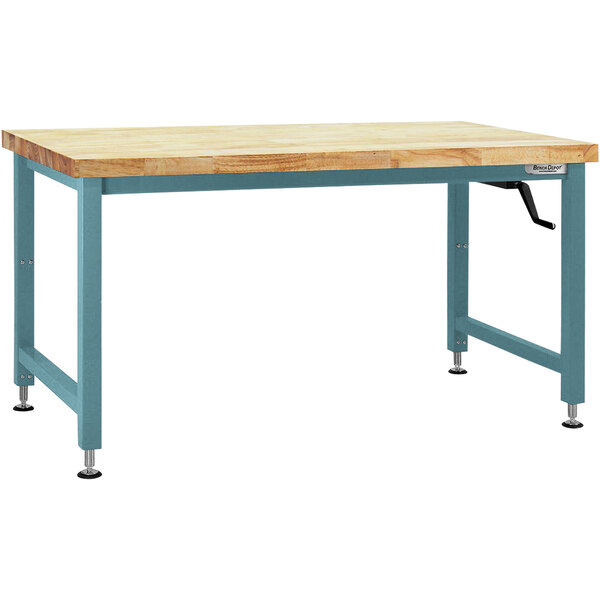 A BenchPro Adams workbench with light blue legs and a wooden top.