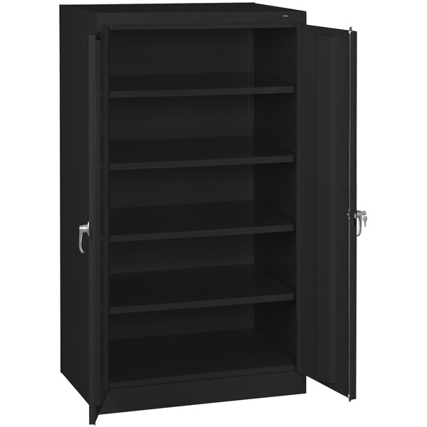 A black Tennsco metal storage cabinet with solid doors open.