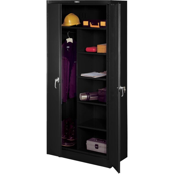 A black metal Tennsco combination cabinet with solid doors and shelves.