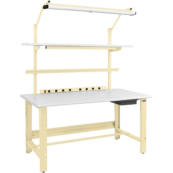 A white BenchPro workbench with a beige base frame and a round front edge.