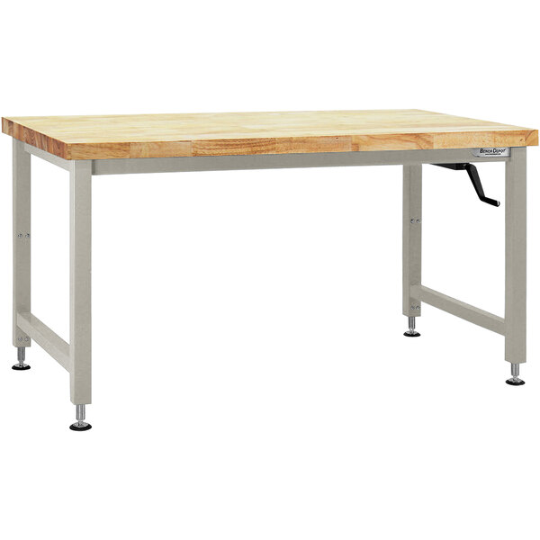 A BenchPro Adams series workbench with a wooden top and gray metal legs.