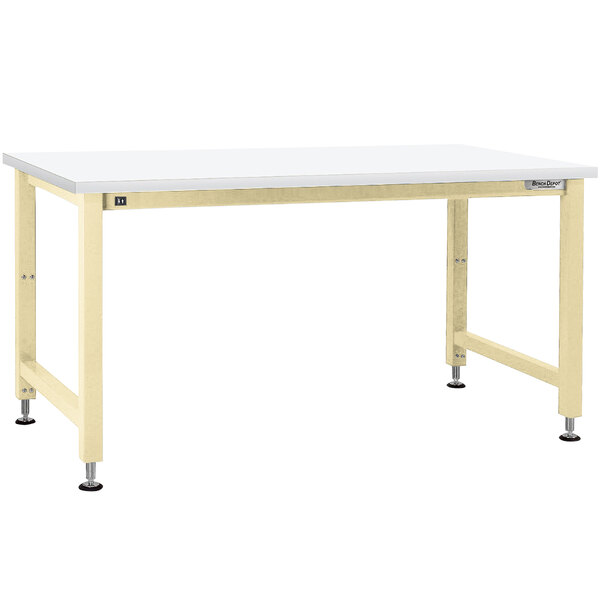 A white BenchPro workbench with beige metal legs and a Formica laminate top.