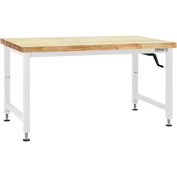 A BenchPro Adams workbench with a wooden top and white legs.