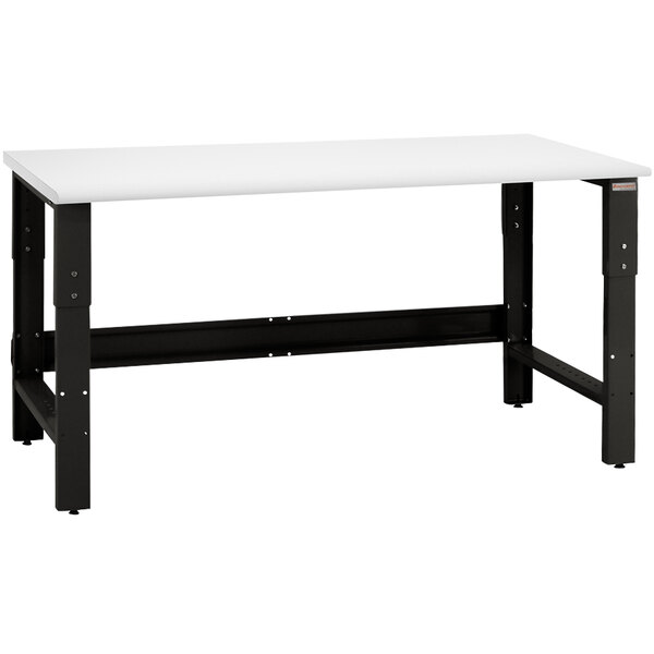 A white rectangular workbench with black legs.