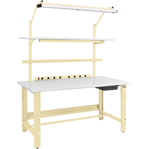 A white workbench with a beige frame and a white top.