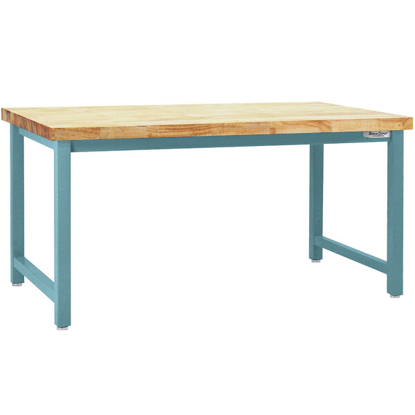A BenchPro Kennedy workbench with a wooden top and blue legs.