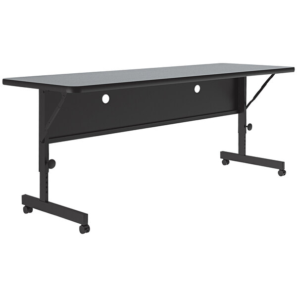 A gray rectangular Correll seminar table with wheels.