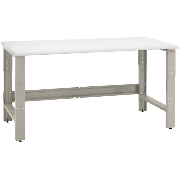 A white workbench with a gray metal frame and white rectangular top.