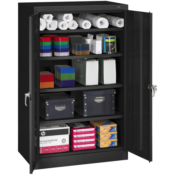 A black Tennsco storage cabinet with shelves full of office supplies.