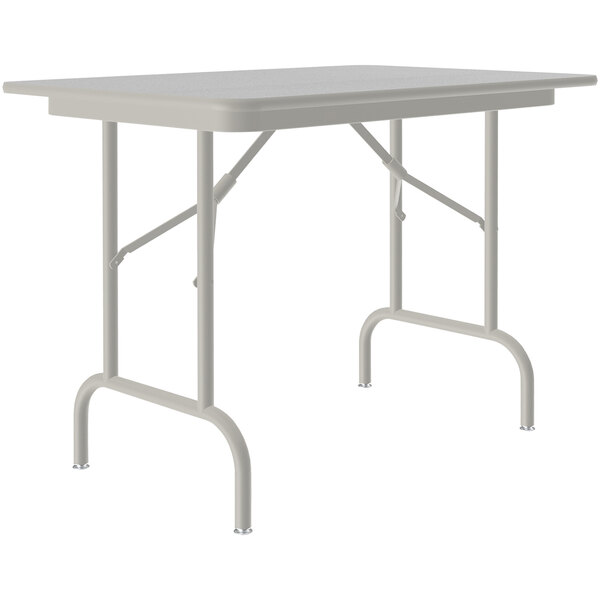 A rectangular white table with a gray metal frame.