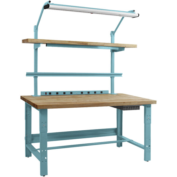 A wooden BenchPro workbench with a light blue frame.