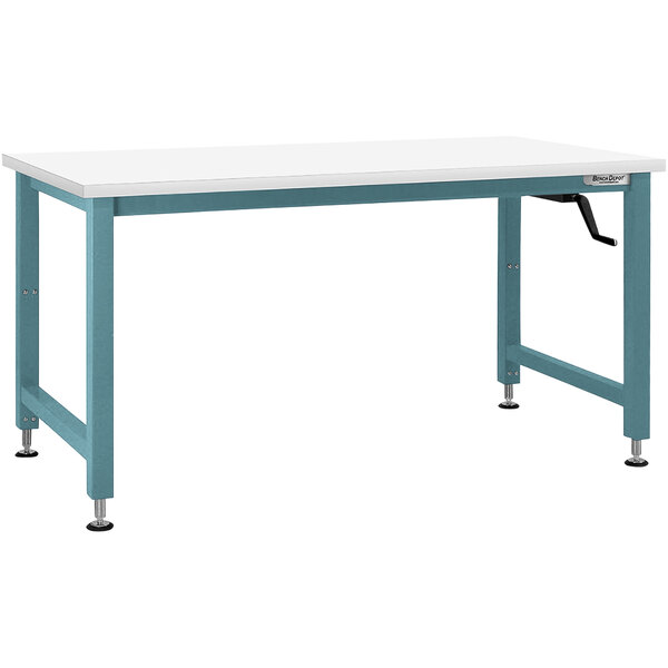 A white BenchPro workbench with light blue metal legs and a white Formica laminate top.