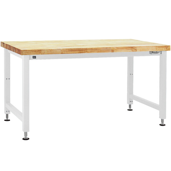 A BenchPro Adams series workbench with a butcherblock wood top and white metal legs.